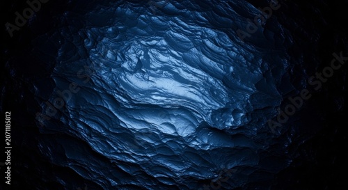 Macro shot of dark blue obsidian rock surface with glassy rippled texture and central light sheen