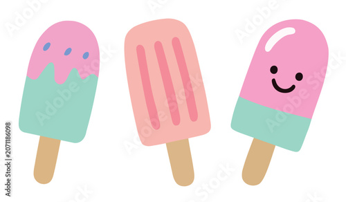 Cute popsicle vector illustration set with hand drawn ice cream bars, funny smiling face character, and sweet summer desserts