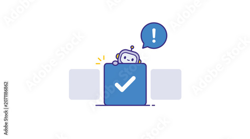 Ai assistant robot peeking over task completion checkmark in minimalist flat vector for customer support automation