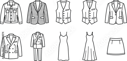Foto Fashion clothing collection including denim jacket striped blazer waistcoats elegant dresses and mini skirt