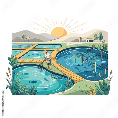 Obraz na plátně Man standing by fish ponds landscape.