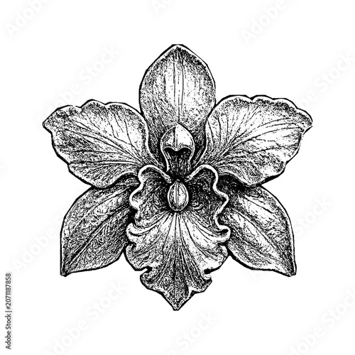 Detailed vintage botanical illustration of a single orchid flower with botanical illustration engraving tropical detailed monochrome ornamental delicate intricate isolated decoration