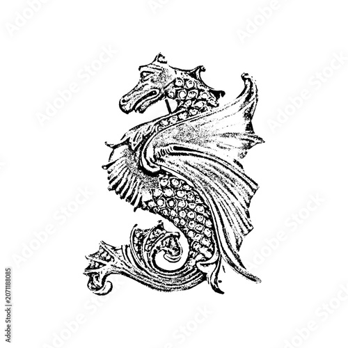 Mythological seahorse hippocampus engraving style illustration with sea creature seahorse hippocampus mythological creature engraving illustration monochrome ornamental decorative classical