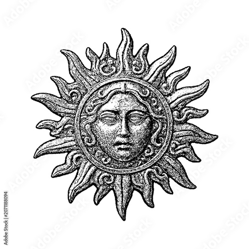 Sun god celestial emblem with human face detailed engraving celestial engraving mystical astrology astronomical illustration mythology ornamental decorative monochrome sunlight esoteric