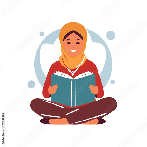 Woman in hijab reading a book, flat vector illustration