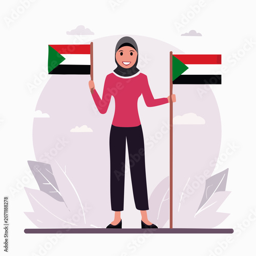 Woman in Hijab Holding Sudan Flags