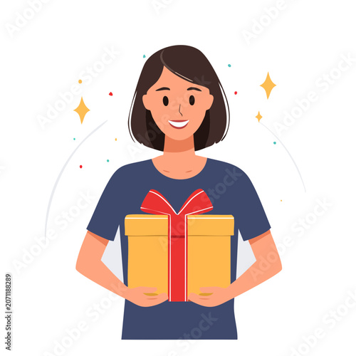 Woman holding wrapped gift box in flat illustration style