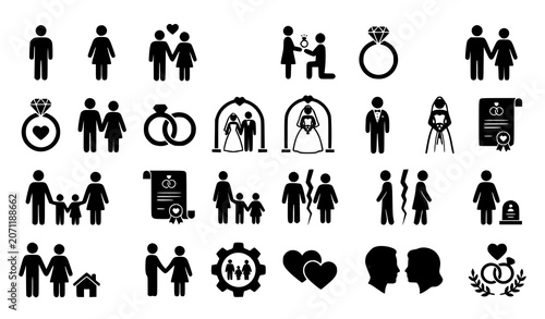 Quadro su tela Relationship Status And Marriage Glyph Icons Collection