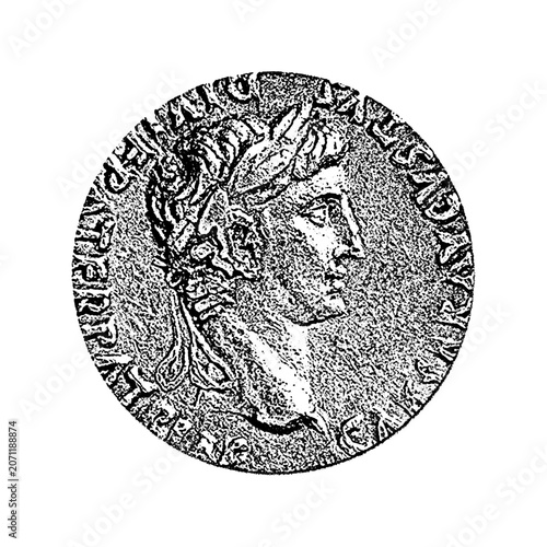 Roman emperor portrait relief on classic antique coin with portrait currency engraving artifact numismatics monochrome illustration circular detailed historic civilization ornamental