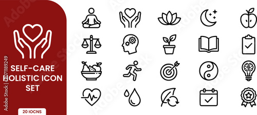 Self care holistic icon set wellness line icons representing meditation, mental health, healthy lifestyle, nutrition, exercise, and mindfulness