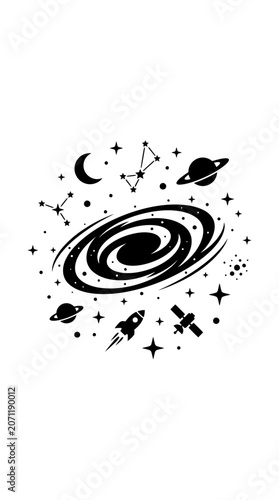 Cosmic Galaxy with Planets, Stars, Rocket, and Constellations
