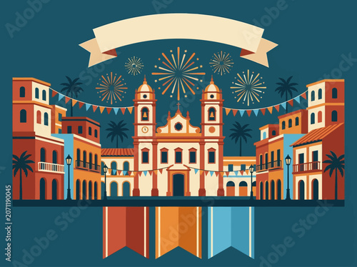 Bild auf Leinwand Festive Latin American Colonial Town Square Illustration with Fireworks and Blan