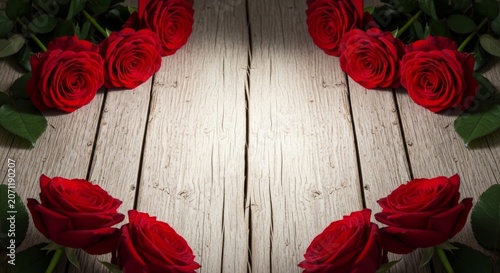 Symmetrical arrangement of deep red roses with velvety texture on an aged light colored wooden table with directional soft lighting