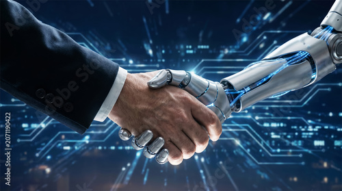 Photos Businessman Shaking Hands with Robot Against Blue Digital Network
