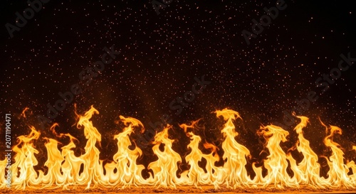 Wide frame capture of a rhythmic fire display with tall flickering spires and golden embers