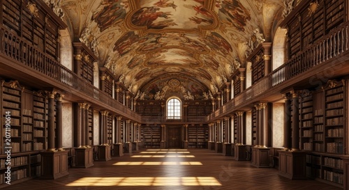 Breathtaking perspective of a Rococo library hall with symmetrical dark wood shelving and a dramatic frescoed ceiling