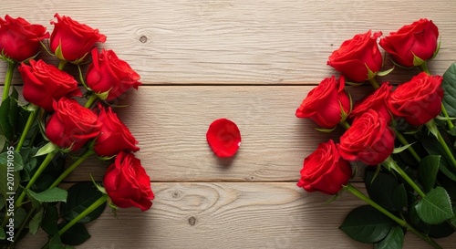 Exquisite macro perspective of scarlet roses forming a border on a rustic ash wood tabletop