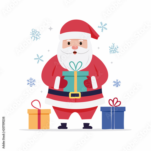 Flat design illustration of Santa Claus holding a gift with presents