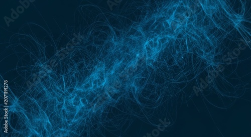 Intricate blue smoke wisps resembling thin silk strands or hair floating in a deep navy vacuum with sharp cyan highlights