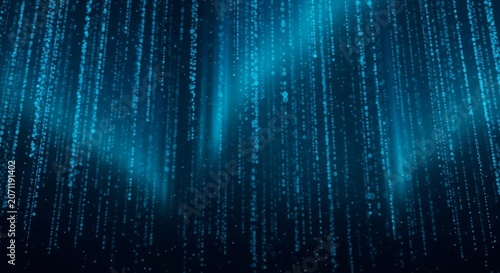 Deep space digital environment with curtains of blue hexagonal light particles resembling aurora borealis over black
