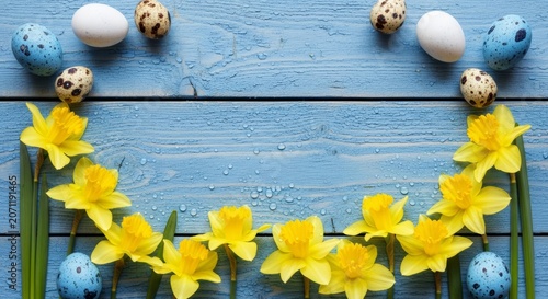 Top down spring arrangement with yellow daffodils and speckled eggs featuring dew droplets on blue wood