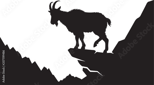 Obraz na płótnie Black Mountain Goat Silhouette Standing on a Rocky Cliff Peak