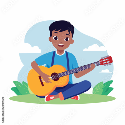 Young boy playing acoustic guitar outdoors