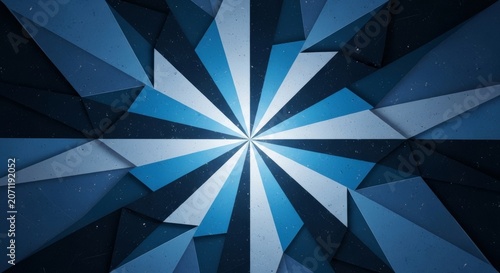 Intricate blue geometric tapestry with starburst pattern overlapping planes and glowing phosphorescent edges