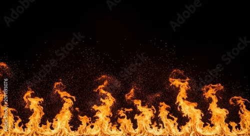 A dense wall of fire with vertical orange sparks shooting upward against a black background