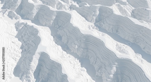 Detailed view of a 3D topographic map of a fictional glacier with solid white matte material and sweeping crevasses