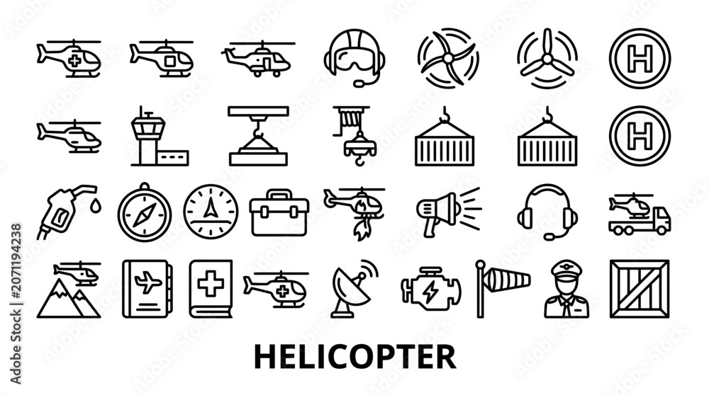 Fototapeta premium Aviation logistics and helicopter line icon set.