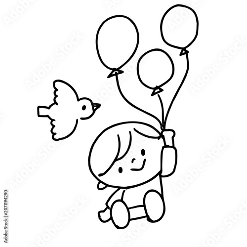 Fényképezés 風船持って飛んでいる男の子の線画イラスト