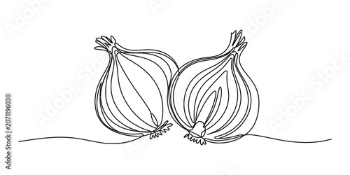 Two onions, one whole and one cut in half, drawn in a simple continuous line art style