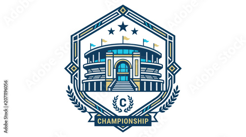 Sports Stadium Emblem with Championship Text and Laurel Wreath