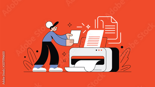 Businessman interacts with a modern office printer to produce printed documents in a minimalist flat design illustration.
