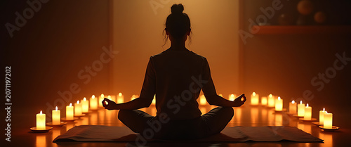 Silhouette of woman meditating in lotus pose surrounded by candles warm ambient light serene atmosphere