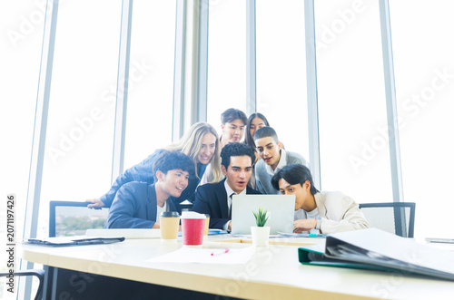 Boss And Business People Group In Office, Leadership Concept, Successful Mix Race Team Of Businesspeople Wearing Suits, Professional Staff Happy Smiling