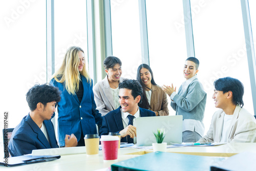 Boss And Business People Group In Office, Leadership Concept, Successful Mix Race Team Of Businesspeople Wearing Suits, Professional Staff Happy Smiling