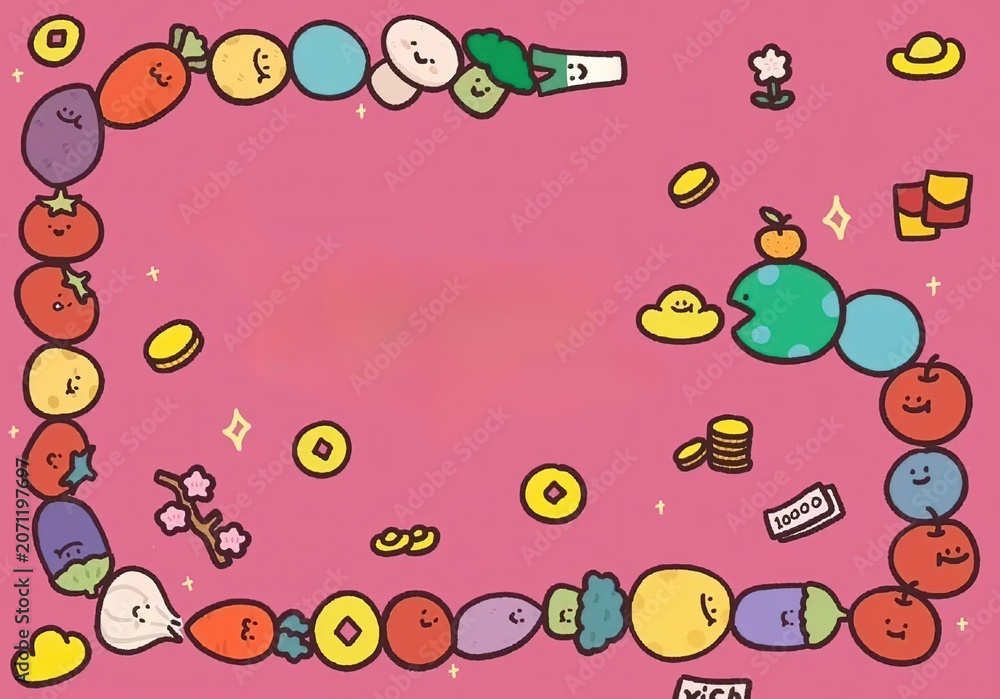 Naklejka premium Cute Vibrant Flat Vector Border Frame Vegetables Fruits Smiling Faces Gold Coins Flower Branches Rounded Rectangular Shape Pink Background Empty Center Kawaii Auspicious
