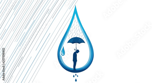 Sad person holding an umbrella inside a large water droplet, representing depression, emotional struggles, and mental health issues.