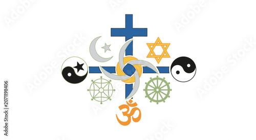 Diverse religious symbols illustration depicting global spiritual unity, interfaith harmony, and peace. A concept of various faiths coexisting.