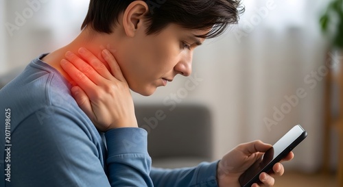 Young man suffers neck pain from smartphone use, highlighting 'tech neck' syndrome and poor posture.