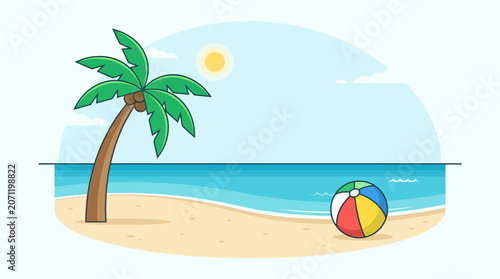 Cartoon Beach Scene with Palm Tree and Colorful Beach Ball