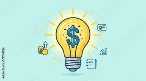 Creative Financial Concept Dollar Sign in a Glowing Lightbulb with Growth Icons