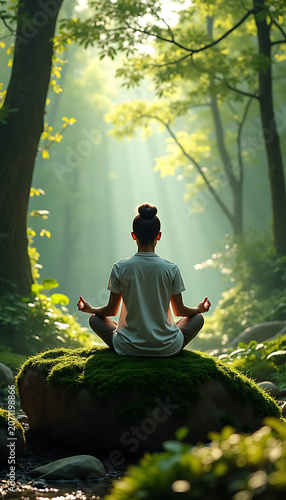 Person Meditating on Mossy Rock in Sunlit Forest Zen Practice