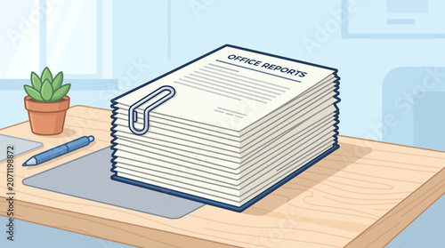 Office Reports on Desk with Plant and Pen