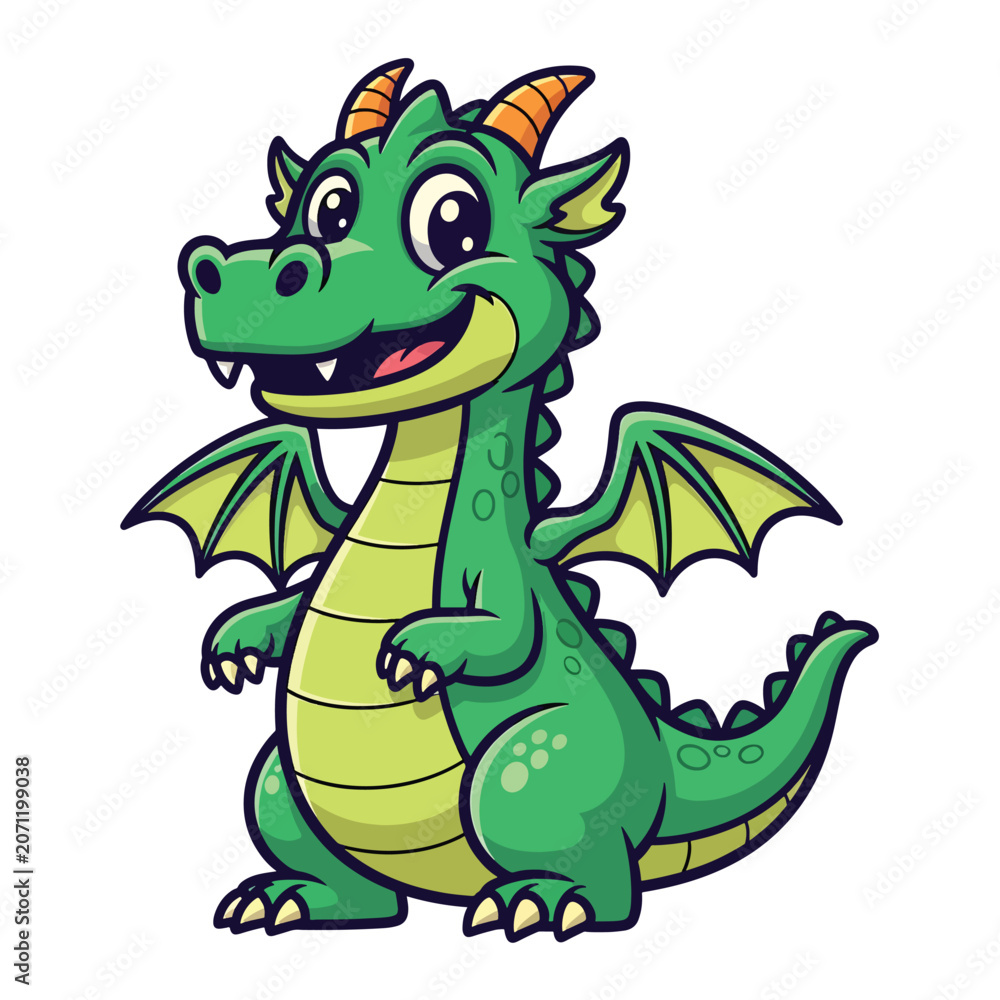Fototapeta premium A green dragon with orange horns smiles cheerfully indoors