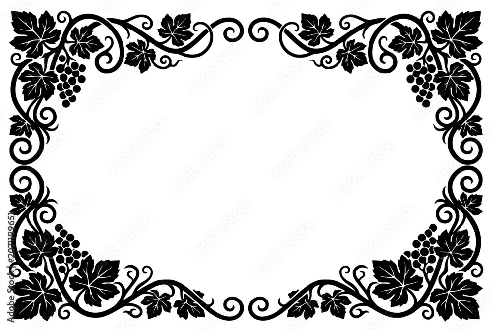 Fototapeta premium Decorative Grapevine Frame with Grapes and Leaves Silhouette Border