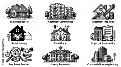 Real Estate Icons Representing Property Services and Investments.