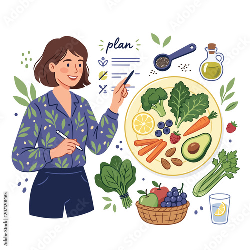 Woman planning healthy meal with vegetables.